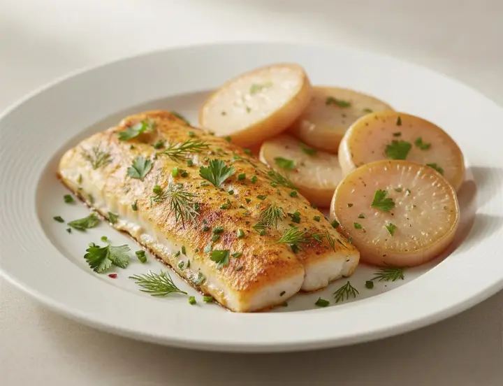 Peixe assado com batata-doce
