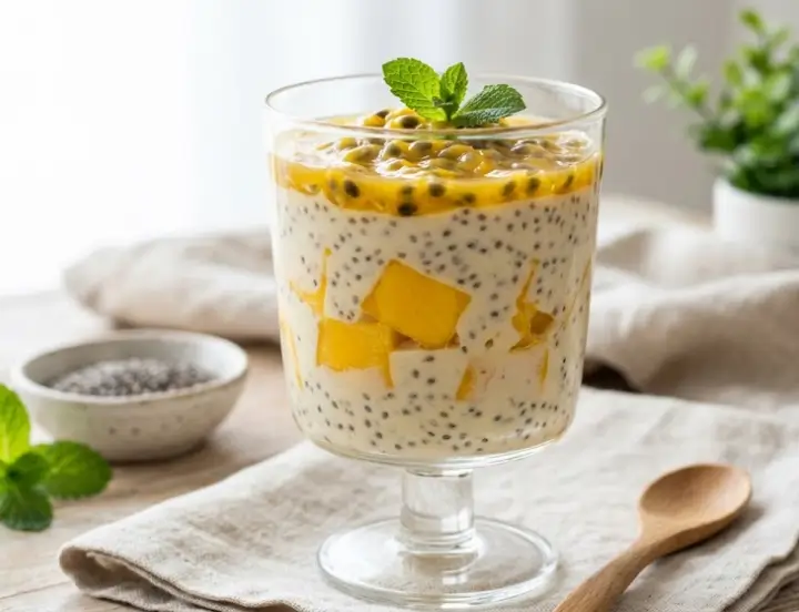 Gelatina Proteica com Coco, Manga e Chia