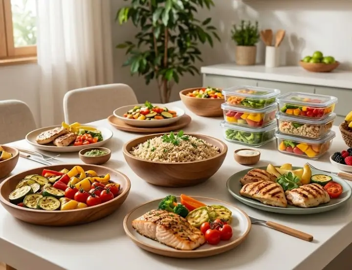mesa com refeições saudaveis
